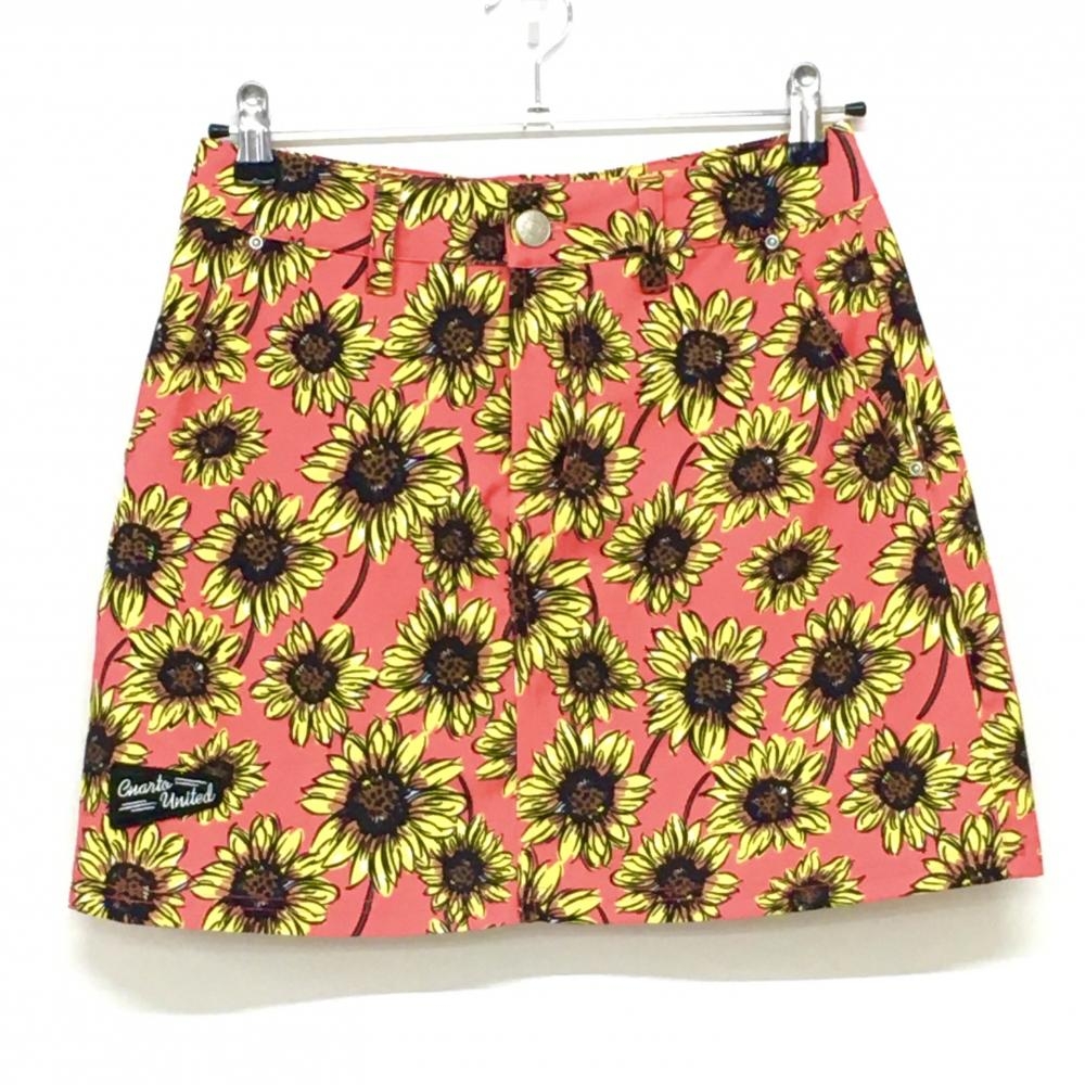【超美品】クアルトユナイテッド スカート レッドピンク×イエロー ヒマワリ柄 ロゴ刺しゅう レディース M ゴルフウェア CUARTO UNITED