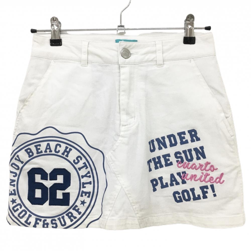 クアルトユナイテッド スカート 白×ブルー 内側インナーパンツ ロゴプリント・刺しゅう　 レディース M ゴルフウェア CUARTO UNITED