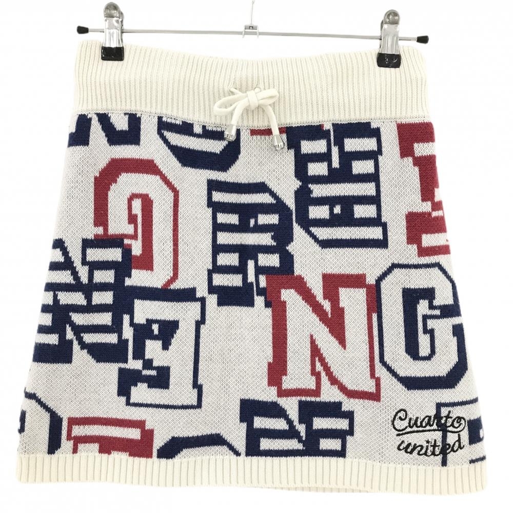 【超美品】クアルトユナイテッド ニットスカート アイボリー×ネイビー×レッド 英字柄 ウール混 レディース M ゴルフウェア CUARTO UNITED