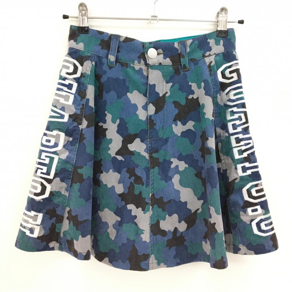 【美品】クアルトユナイテッド コーデュロイスカート ブルー×グリーン 迷彩柄 カモフラ レディース S ゴルフウェア CUARTO UNITED