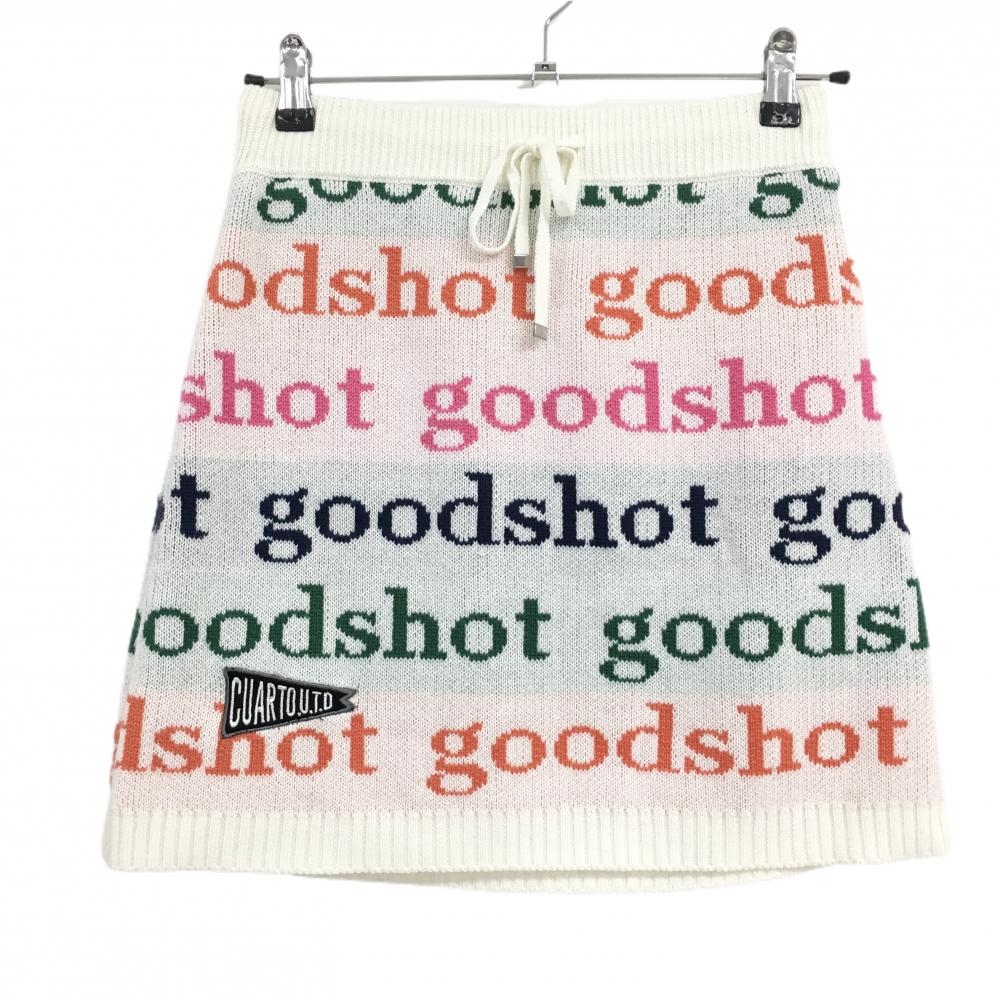 【超美品】クアルトユナイテッド ニットスカート 白×マルチカラー 英字総柄 裏地付き ウール混 レディース S ゴルフウェア CUARTO UNITED