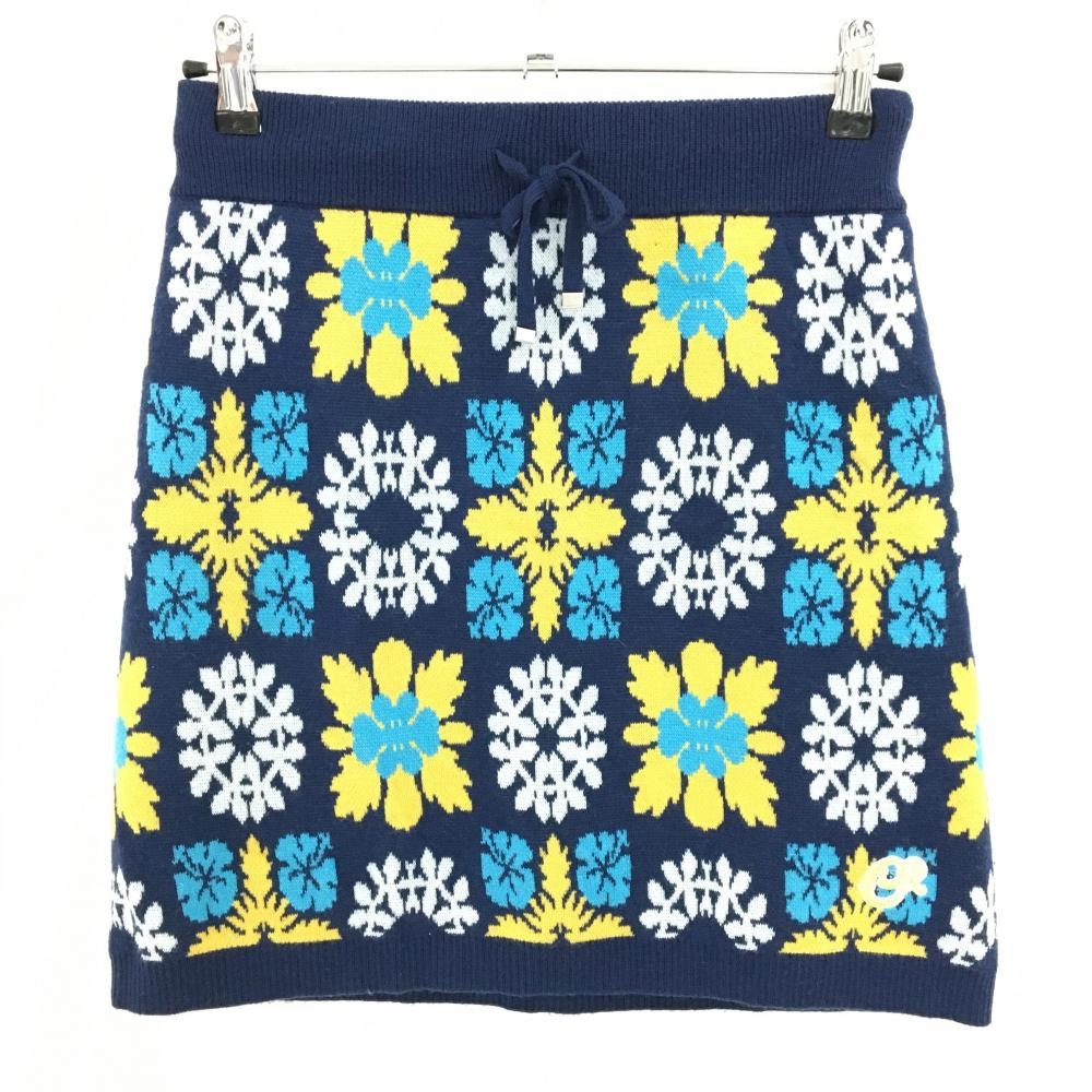 クアルトユナイテッド ニットスカート ネイビー×イエロー 総柄 刺しゅう ウール混 裏地付  レディース L ゴルフウェア CUARTO UNITED