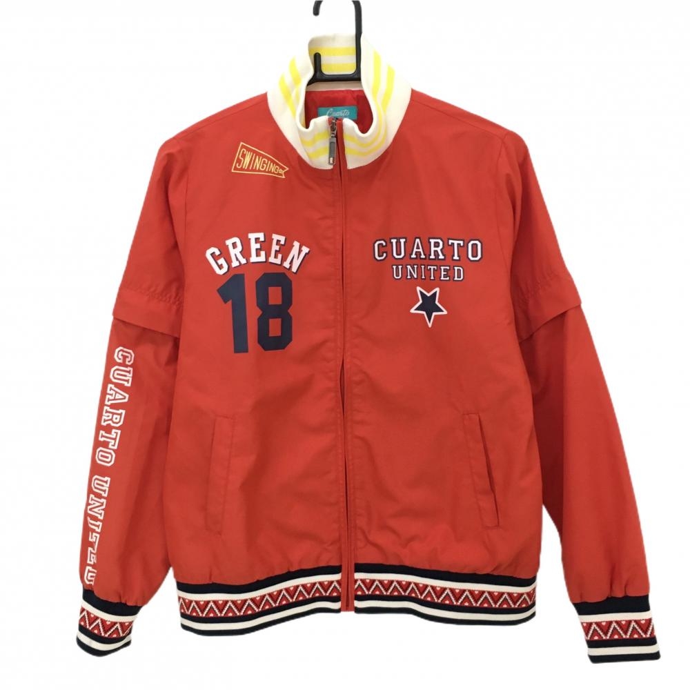 【美品】クアルトユナイテッド 2WAYブルゾン レッド×ネイビー リブ総柄 フロントロゴ レディース M ゴルフウェア CUARTO UNITED