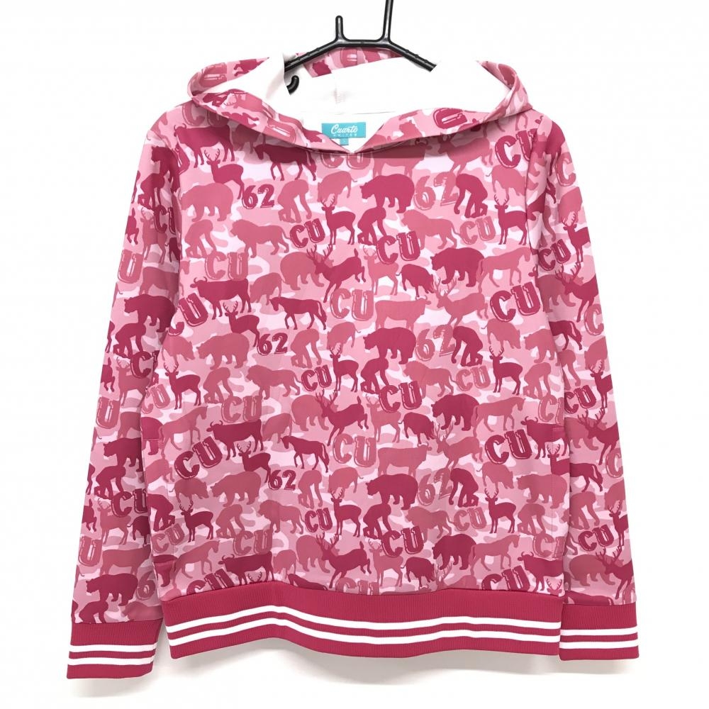 【美品】クアルトユナイテッド パーカー ピンク カモフラ柄 アニマル レディース L ゴルフウェア CUARTO UNITED