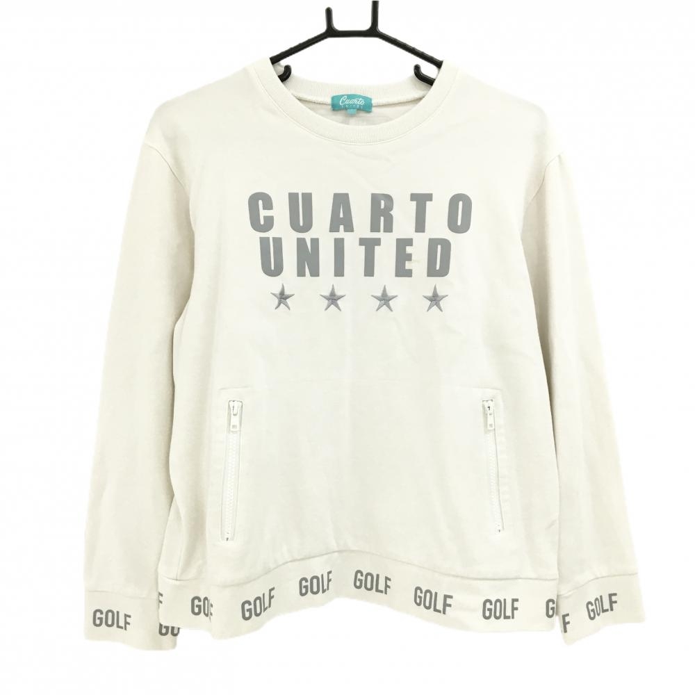 クアルトユナイテッド トレーナー 白×グレー 胸元ロゴ 星 薄手 ジップポケット レディース L ゴルフウェア CUARTO UNITED