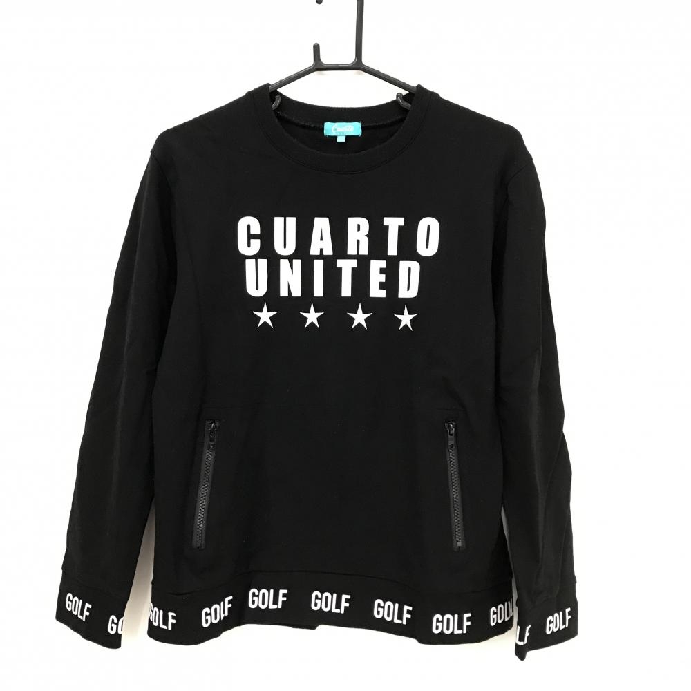 クアルトユナイテッド トレーナー 黒×白 胸元ロゴ 星 薄手 ジップポケット レディース L ゴルフウェア CUARTO UNITED