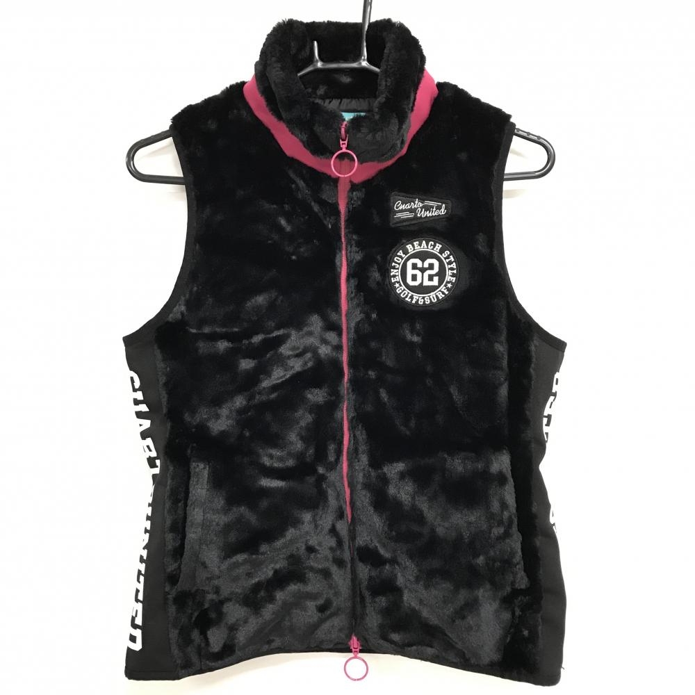 【美品】クアルトユナイテッド アウターボアベスト 黒×ピンク サイド切替ロゴ  レディース M ゴルフウェア CUARTO UNITED