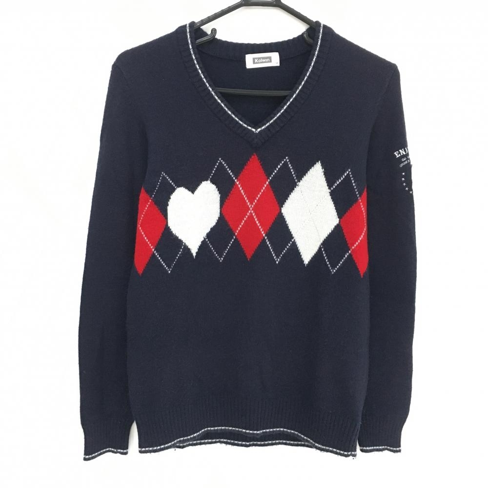 コルウィン セーター ネイビー×白 アーガイル柄 ハート ウール混 ニット レディース M ゴルフウェア Kolwin
