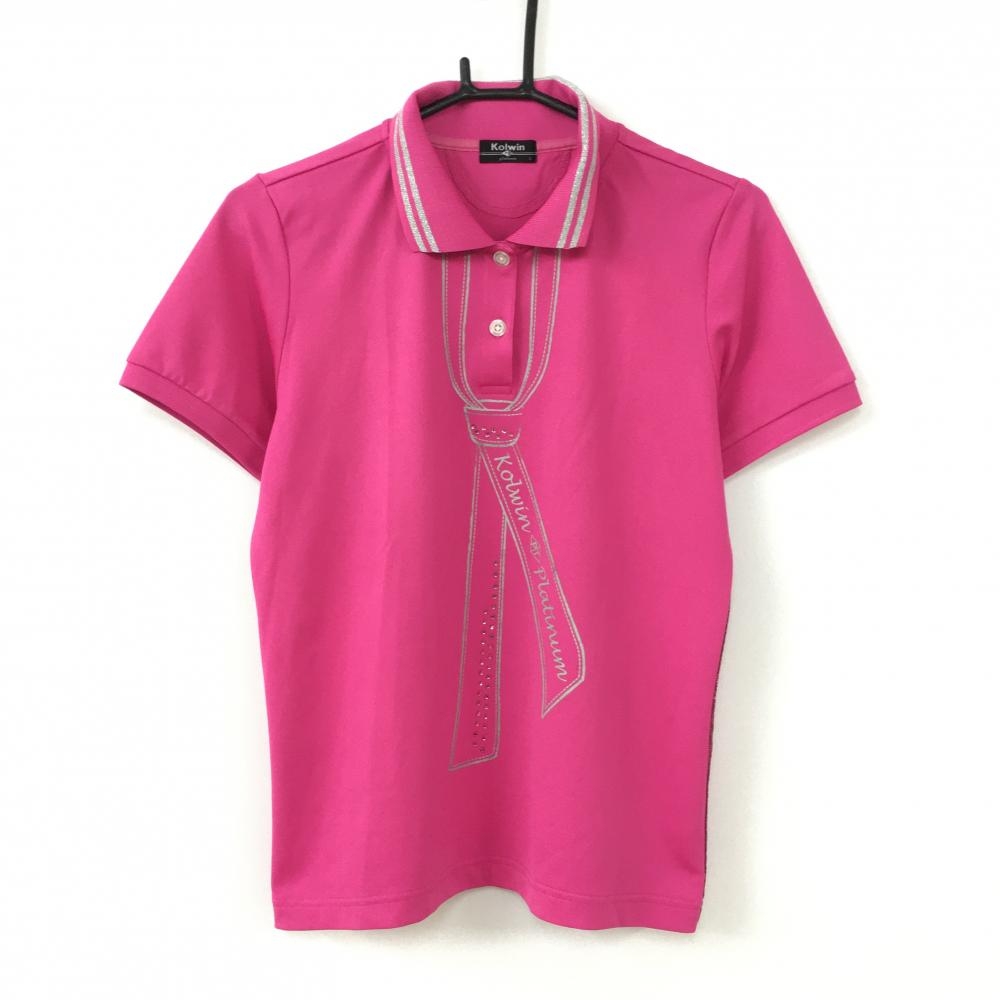【美品】Kolwin コルウィン 半袖ポロシャツ ピンク×シルバー サイドラメ ラインストーン レディース L ゴルフウェア