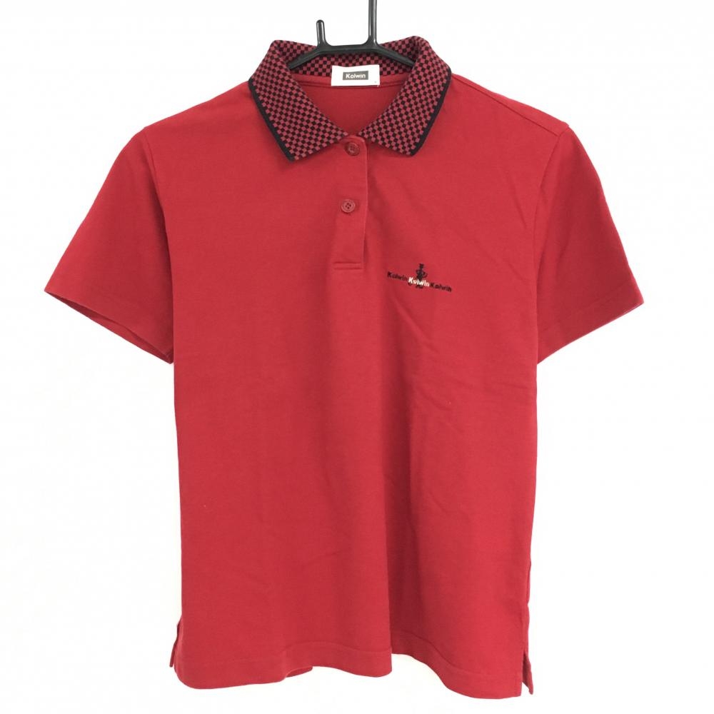 【超美品】コルウィン 半袖ポロシャツ レッド×黒 襟ブロック柄 胸元刺しゅう レディース L ゴルフウェア Kolwin