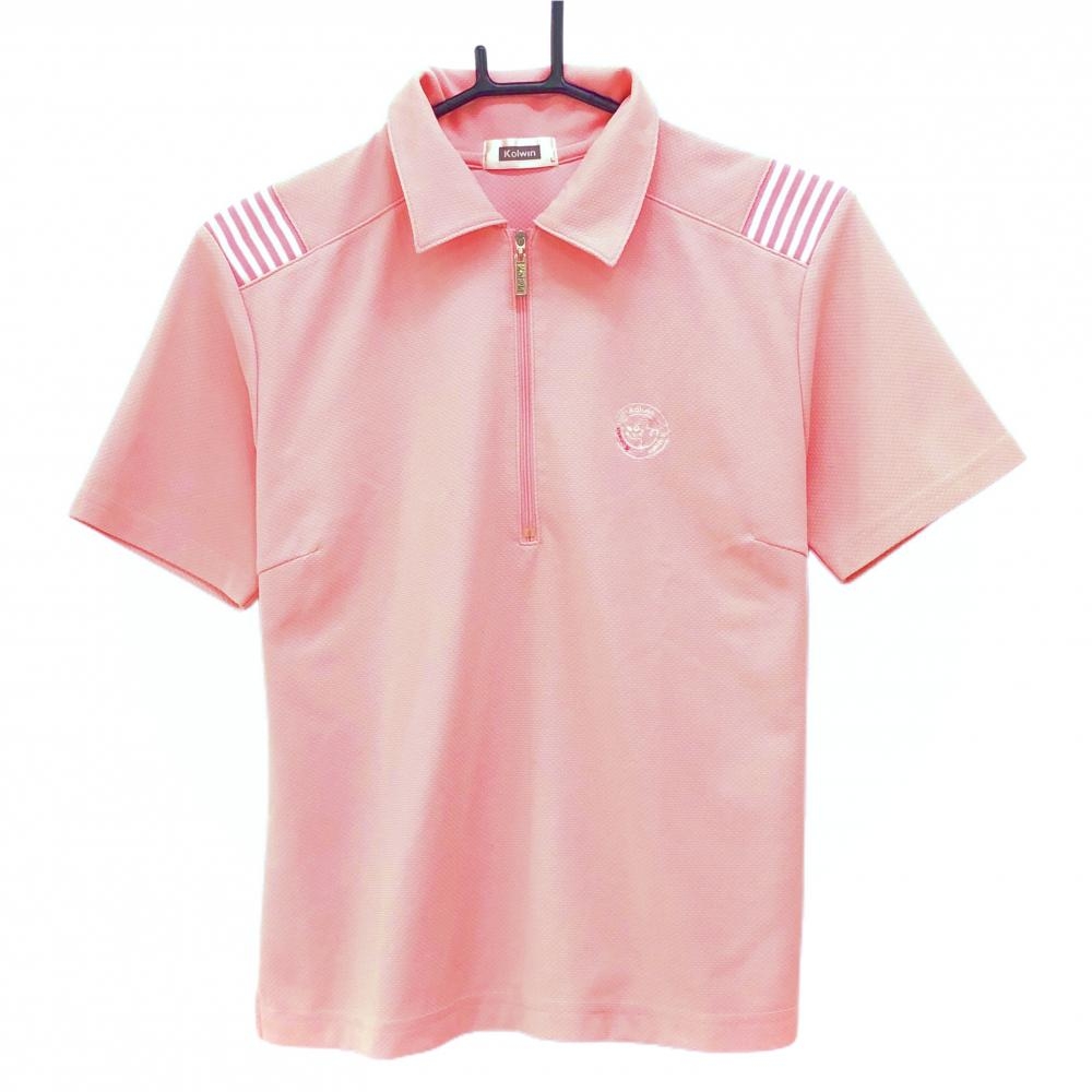 【美品】コルウィン 半袖ポロシャツ ピンク×白 肩ストライプ ハーフジップ レディース L ゴルフウェア Kolwin
