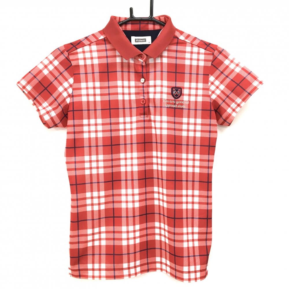 【超美品】コルウィン 半袖ポロシャツ レッド×白 チェック柄 胸元ワッペン バックロゴ レディース M ゴルフウェア Kolwin