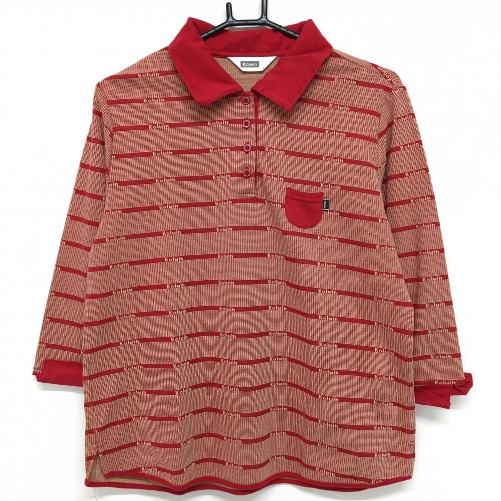 【超美品】コルウィン 七分袖ポロシャツ レッド×ライトベージュ 総柄 ボーダー調  レディース F ゴルフウェア Kolwin