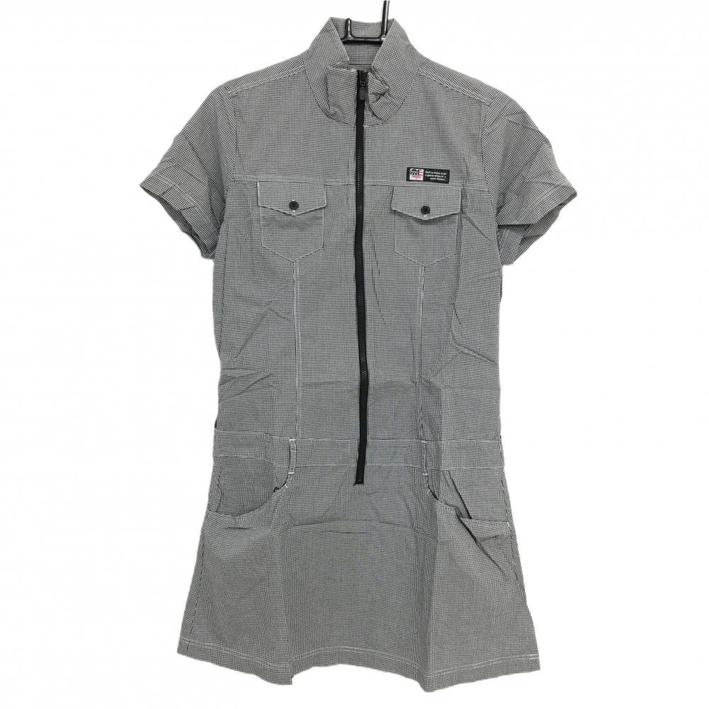 【超美品】コルウィン 半袖ハイネックワンピース 黒×白 細目チェック 胸ポケット レディース L ゴルフウェア Kolwin