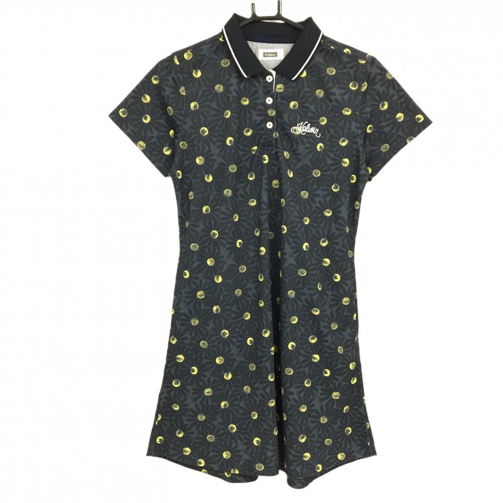 コルウィン 半袖ポロワンピース 黒×イエロー 花柄 ロゴ白  レディース L ゴルフウェア Kolwin