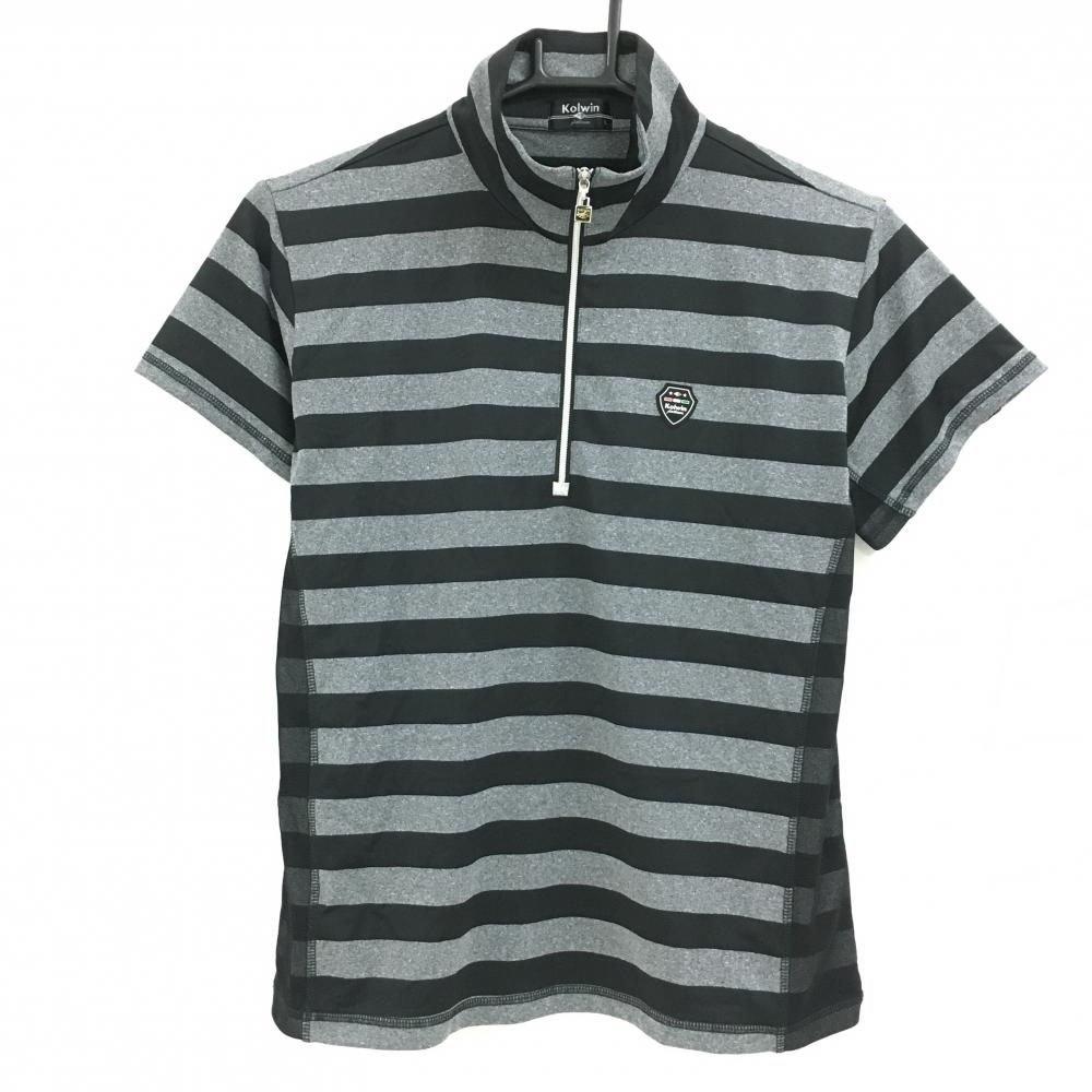 【超美品】コルウィン 半袖ハイネックシャツ 黒×グレー ボーダー ハーフジップ 一部メッシュ レディース L ゴルフウェア Kolwin