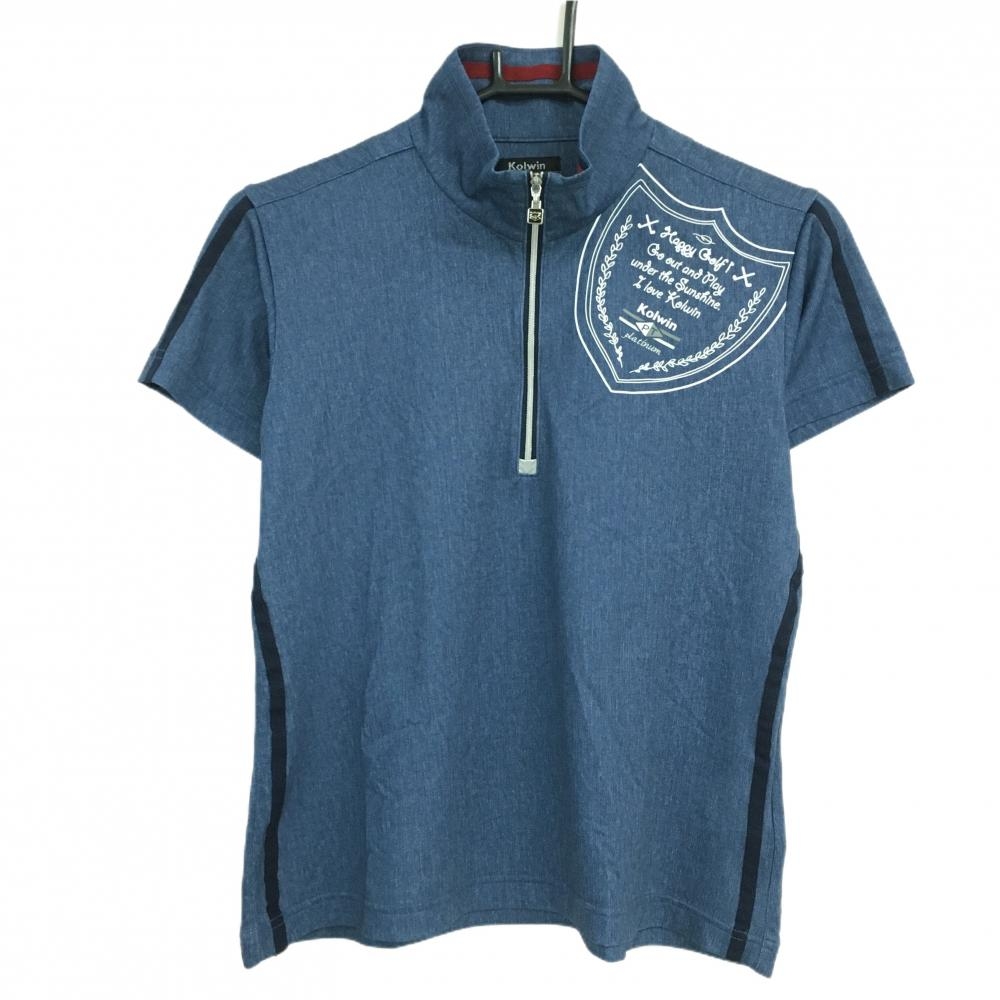 【超美品】コルウィン 半袖ハイネックシャツ 杢ブルー×白 ハーフジップ サイドライン レディース LL ゴルフウェア Kolwin