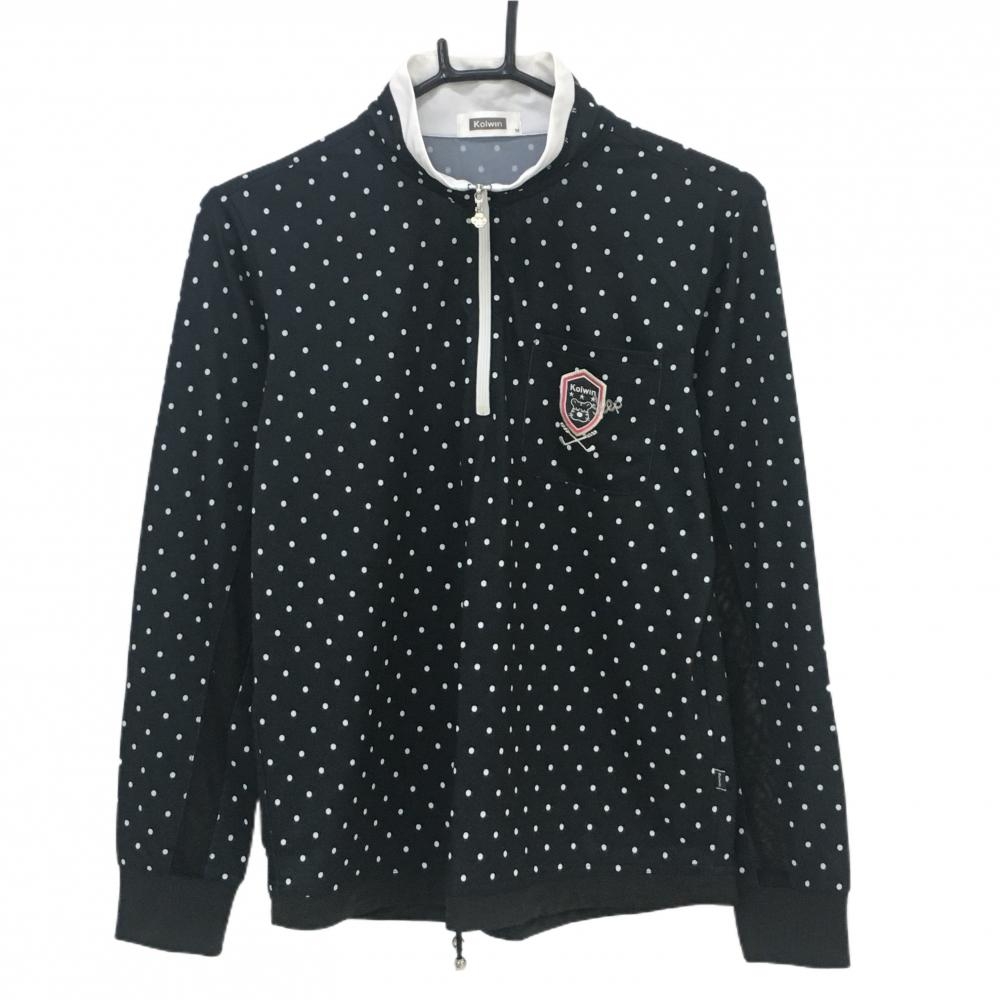 【美品】コルウィン 長袖ハイネックシャツ 黒×白 ドット ハーフジップ 一部メッシュ  レディース M ゴルフウェア Kolwin