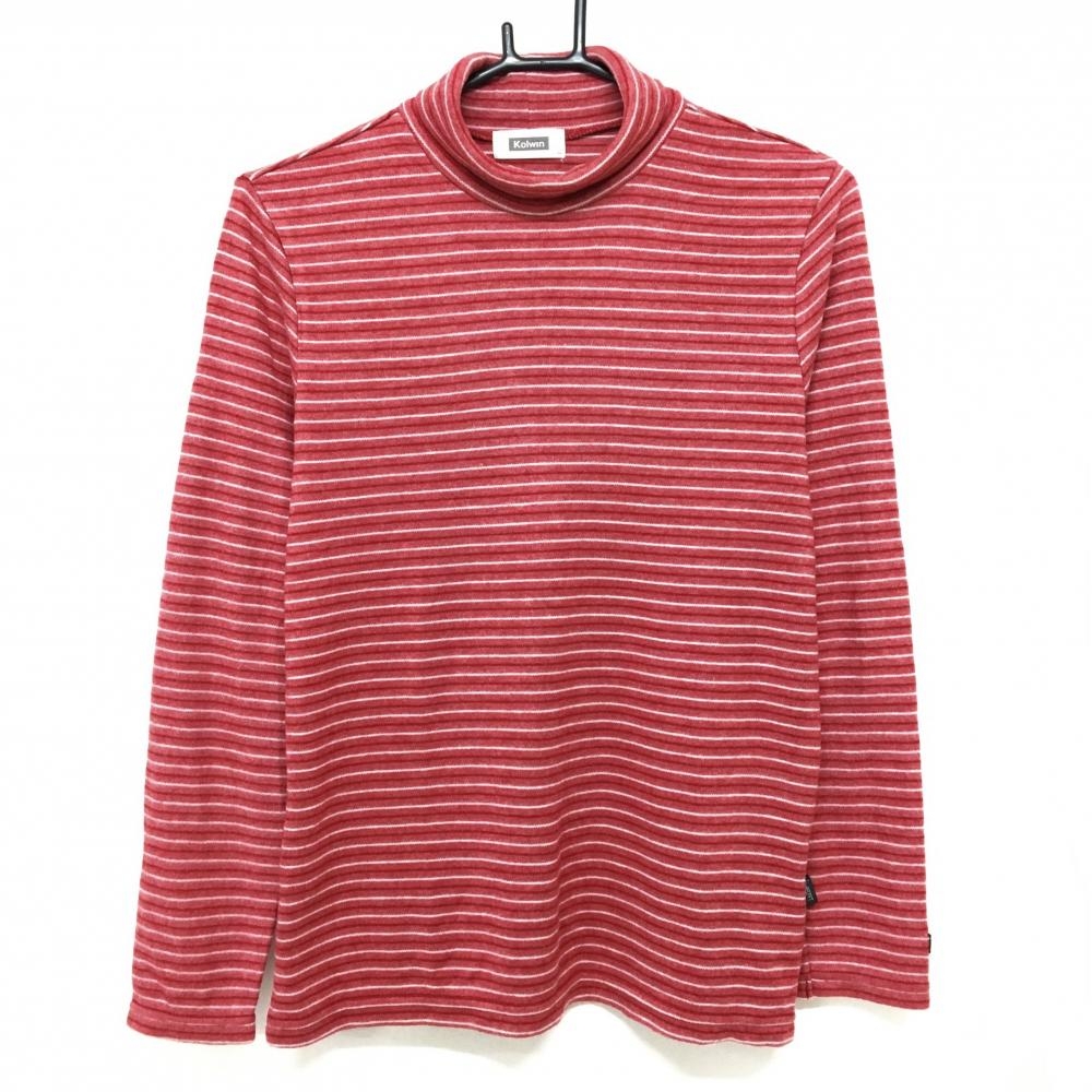【超美品】コルウィン 長袖ハイネックシャツ レッド×白 ボーダー 起毛素材 袖ロゴ レディース LL ゴルフウェア Kolwin