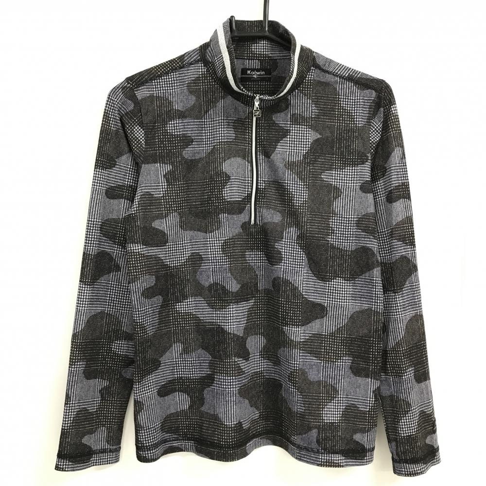 【超美品】コルウィン 長袖ハイネックシャツ ライトグレー×黒×ブラウン系 カモフラ風 チェック  レディース L ゴルフウェア Kolwin