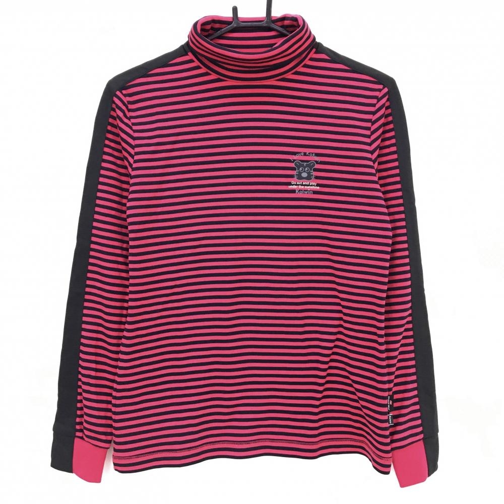 【超美品】コルウィン 長袖タートルネックシャツ 黒×ピンク ボーダー 袖ライン 裏微起毛 ウール混 レディース L ゴルフウェア Kolwin