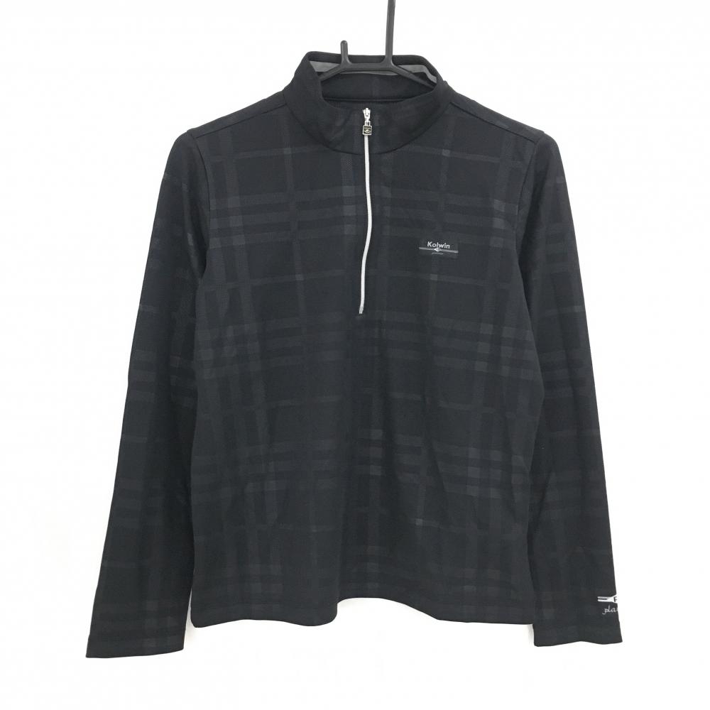【超美品】コルウィン 長袖ハイネックシャツ 黒×グレー チェック ハーフジップ レディース LL ゴルフウェア Kolwin