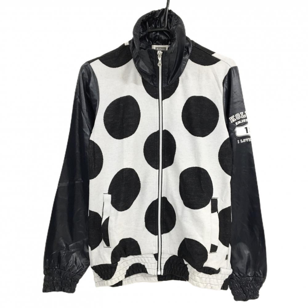 【超美品】コルウィン 切替ニットブルゾン 白×黒 身頃ドット柄 ネック・袖ナイロン  レディース L ゴルフウェア Kolwin