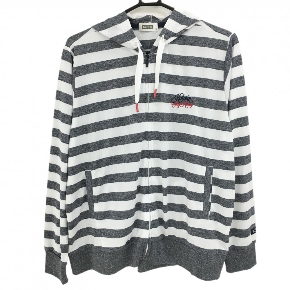 【超美品】コルウィン ジップパーカー 白×グレー ボーダー 薄手 ジャケット  レディース 3L ゴルフウェア 大きいサイズ Kolwin