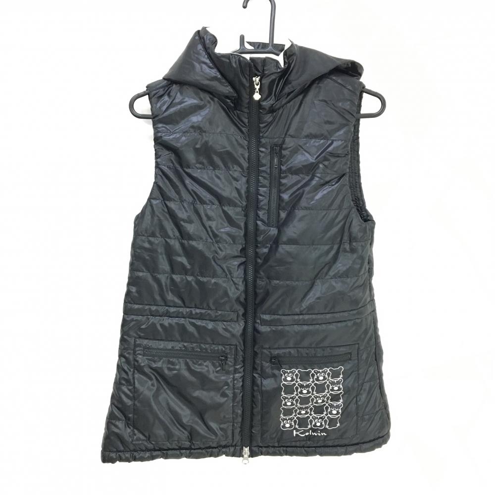 コルウィン 中綿ベスト 黒 フード取外し可 ポケットロゴ ダブルジップ レディース M ゴルフウェア Kolwin