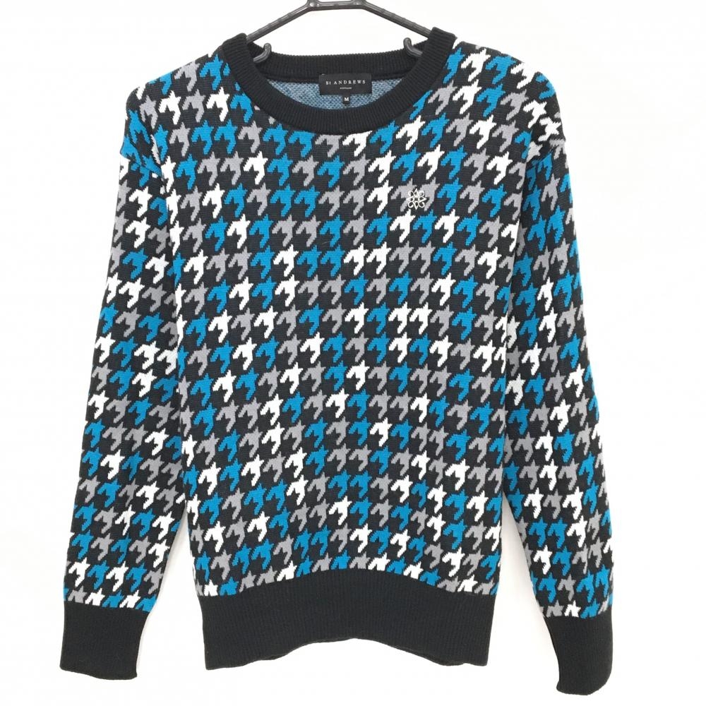 【美品】セントアンドリュース セーター 黒×ブルー 千鳥柄 ロゴ刺しゅう ウール混 ニット  レディース M ゴルフウェア St ANDREWS