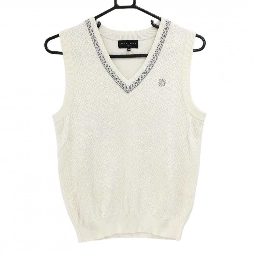 セントアンドリュース ニットベスト アイボリー 総柄 ロゴシルバー シルク混 ニット レディース M ゴルフウェア St ANDREWS