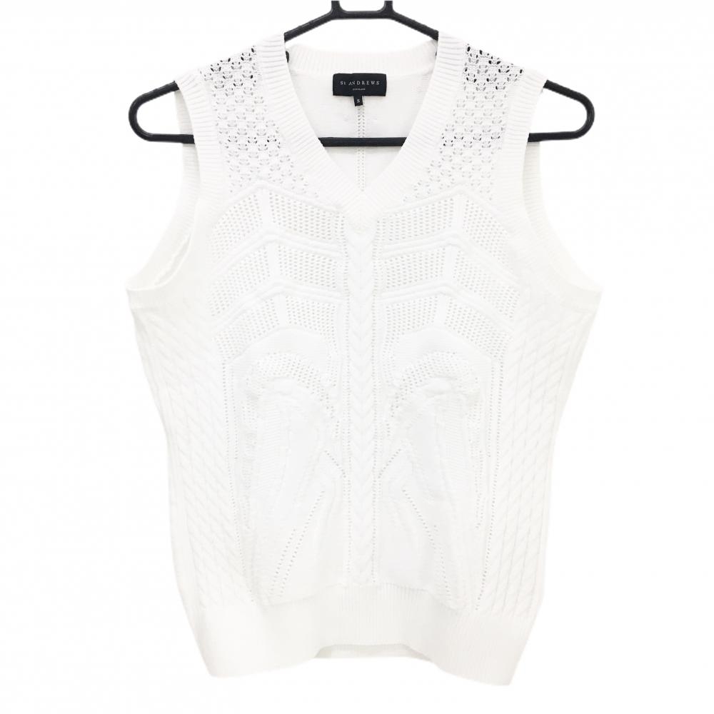 【超美品】セントアンドリュース ニットベスト 白 フロント柄 Vネック レディース S ゴルフウェア St ANDREWS
