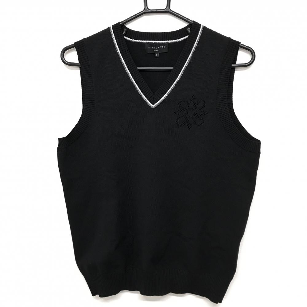 【超美品】セントアンドリュース ニットベスト 黒 背面ロゴ総柄編み ロゴ透かし編み  レディース L ゴルフウェア 2024年モデル St ANDREWS
