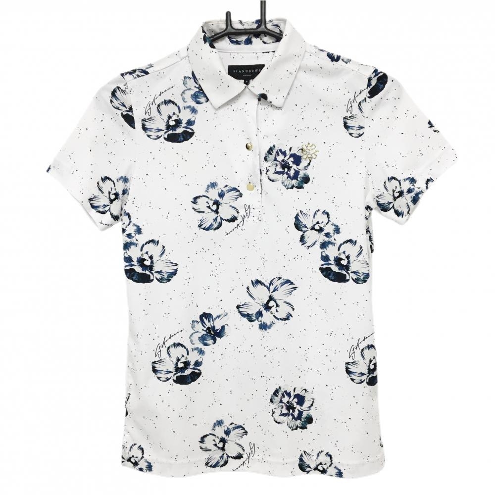 セントアンドリュース 半袖ポロシャツ 白×ネイビー 花柄 レディース S ゴルフウェア St ANDREWS