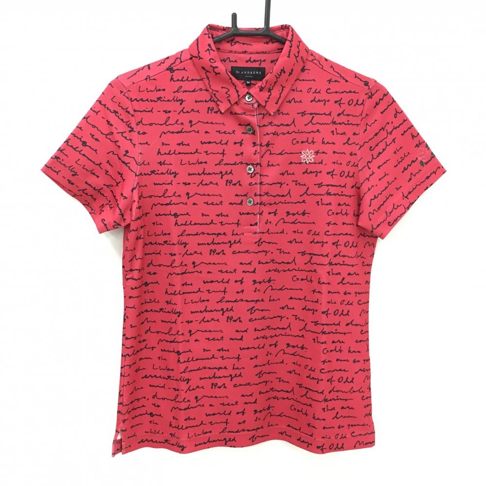 【超美品】セントアンドリュース 半袖ポロシャツ レッドピンク×黒 英字総柄 胸ロゴ刺しゅう レディース M ゴルフウェア St ANDREWS