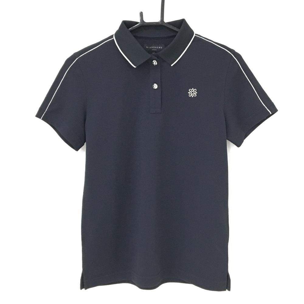 【超美品】セントアンドリュース 半袖ポロシャツ 黒 シルバーライン 胸ロゴ レディース M ゴルフウェア St ANDREWS