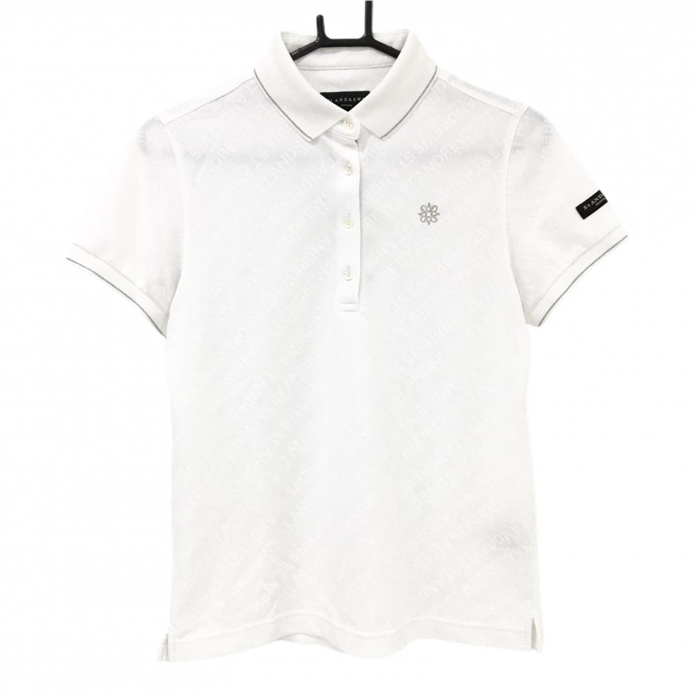 【美品】セントアンドリュース 半袖ポロシャツ 白×シルバー ロゴ地模様 レディース M ゴルフウェア St ANDREWS
