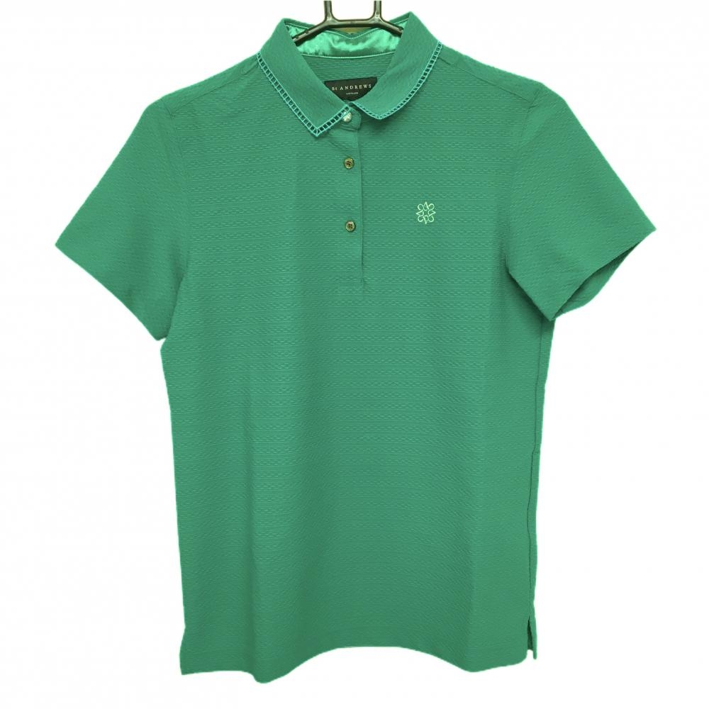 【新品】セントアンドリュース 半袖ポロシャツ グリーン チェーン風地模様 UVカット  レディース M ゴルフウェア 2025年モデル St ANDREWS