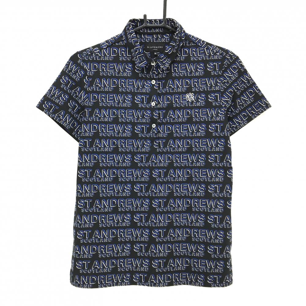 【超美品】セントアンドリュース 半袖ポロシャツ 黒×ブルー ロゴ総柄  レディース M ゴルフウェア St ANDREWS