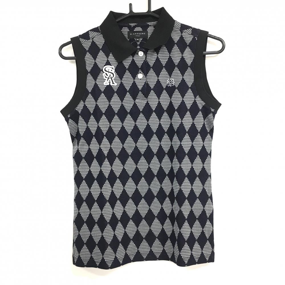【超美品】セントアンドリュース ノースリーブポロシャツ 黒×白 ダイヤ柄 ロゴ刺しゅう  レディース M ゴルフウェア St ANDREWS