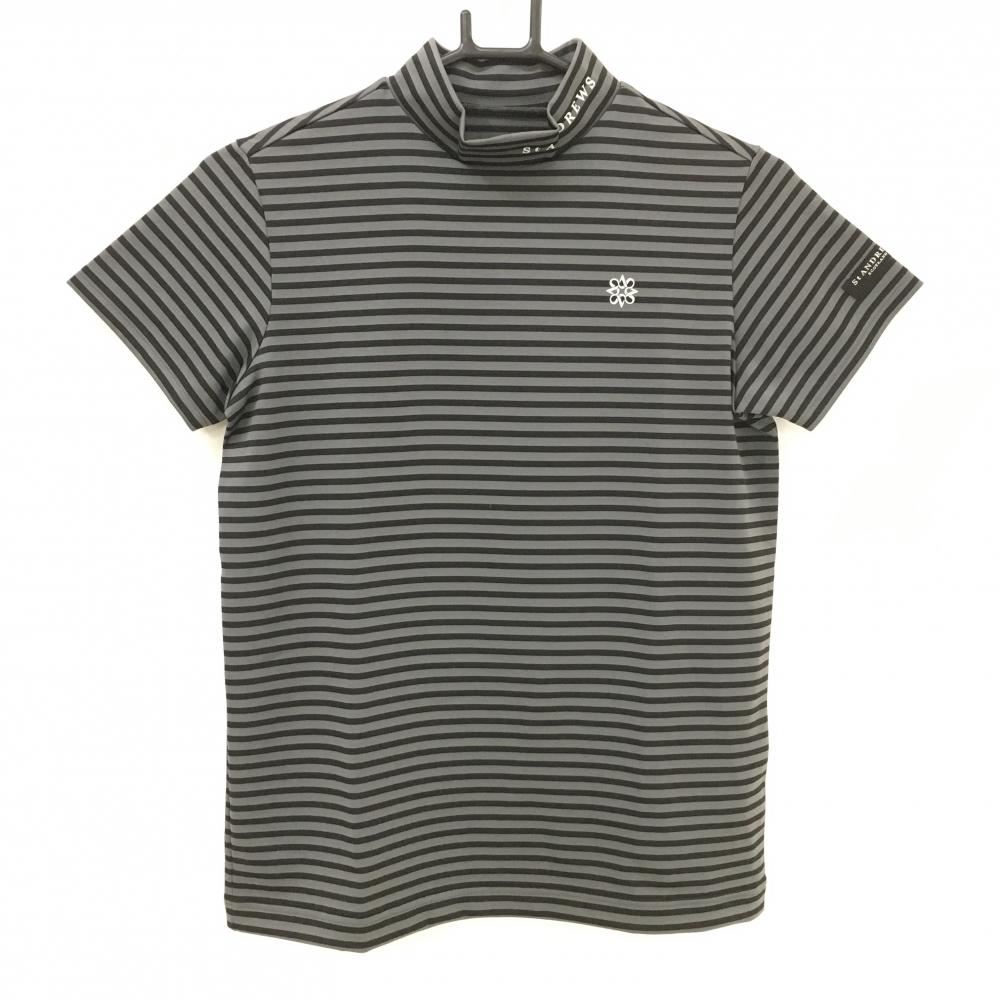 【超美品】セントアンドリュース 半袖ハイネックシャツ ダークグレー×黒 ボーダー ロゴプリント レディース M ゴルフウェア St ANDREWS