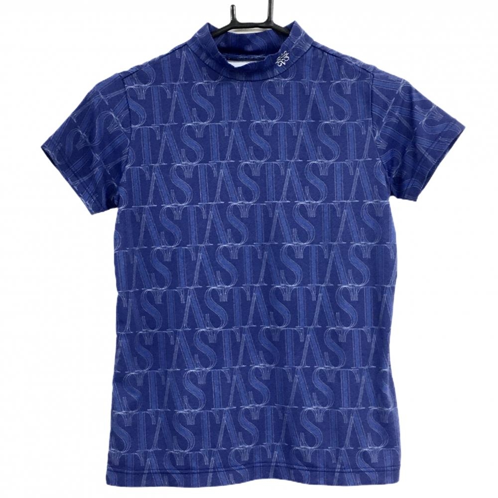 【超美品】セントアンドリュース 半袖ハイネックシャツ ネイビー×ブルー系 英字ロゴ総柄 レディース S ゴルフウェア St ANDREWS