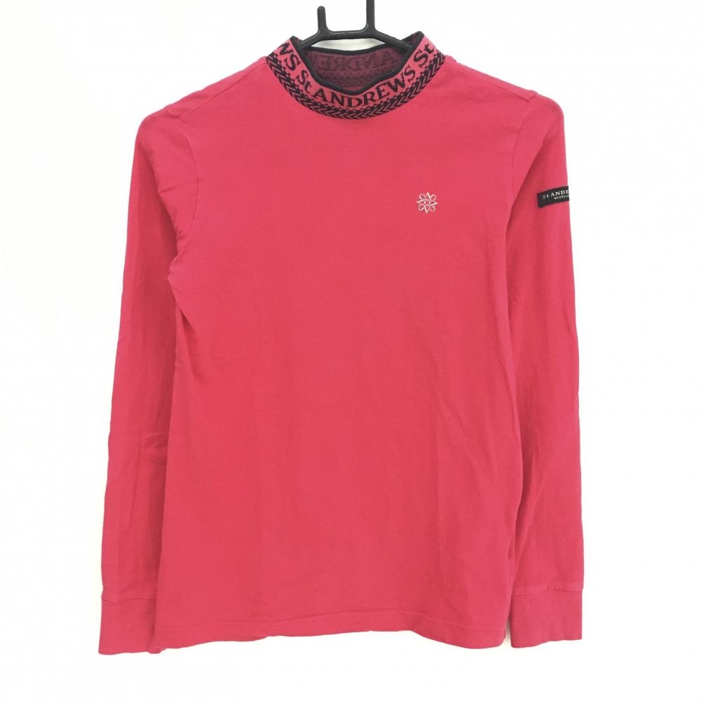 セントアンドリュース 長袖ハイネックシャツ レッドピンク×黒 ネックロゴ レディース S ゴルフウェア St ANDREWS