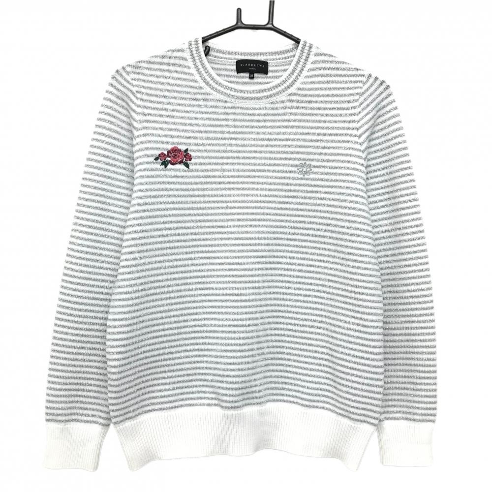 セントアンドリュース セーター 白×シルバー ボーダー 胸ロゴ刺しゅう ニット  レディース M ゴルフウェア St ANDREWS