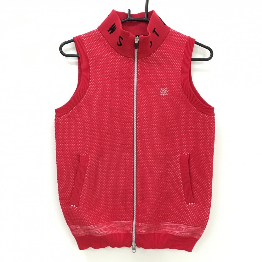 【美品】セントアンドリュース ニットジップベスト レッド系×白 織生地 ネックロゴ ダブルジップ レディース M ゴルフウェア St ANDREWS