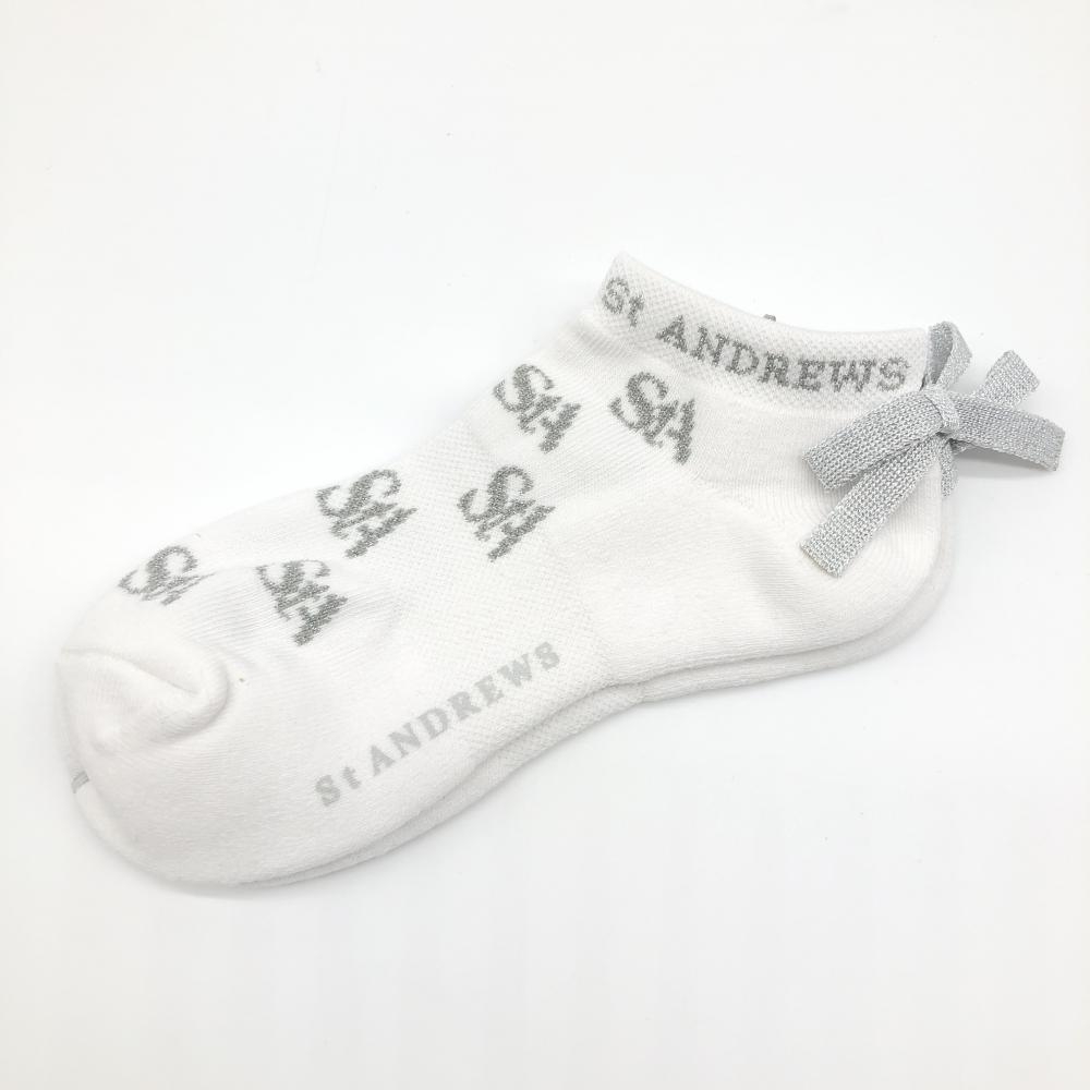 【未使用品】St ANDREWS セントアンドリュース ソックス 白×シルバー ロゴ総柄 厚手 レディース  ゴルフウェア