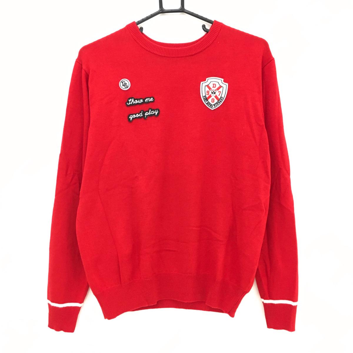 デルソル セーター レッド×白 胸元ワッペン ウール混 ニット レディース LL ゴルフウェア DELSOL