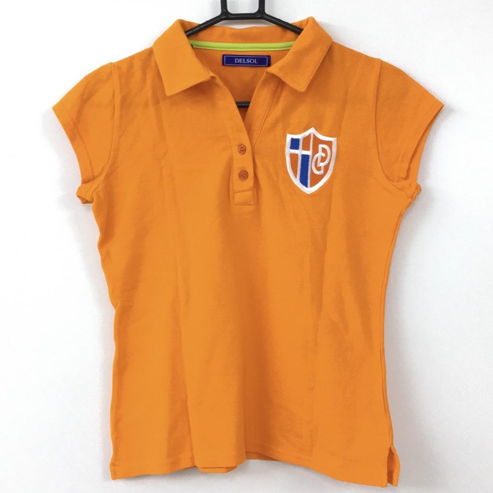 【美品】DELSOL デルソル 半袖ポロシャツ オレンジ スキッパー 刺しゅう レディース M ゴルフウェア