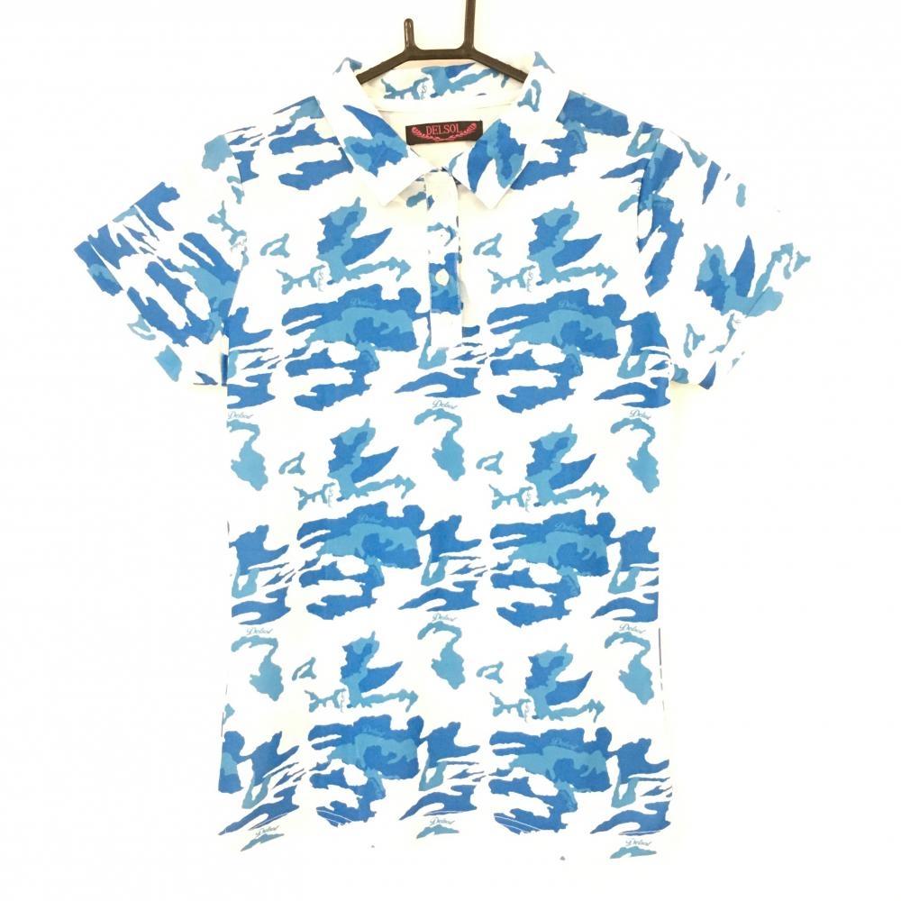 【超美品】デルソル 半袖ポロシャツ ブルー×白 カモフラ総柄 レディース M ゴルフウェア DELSOL
