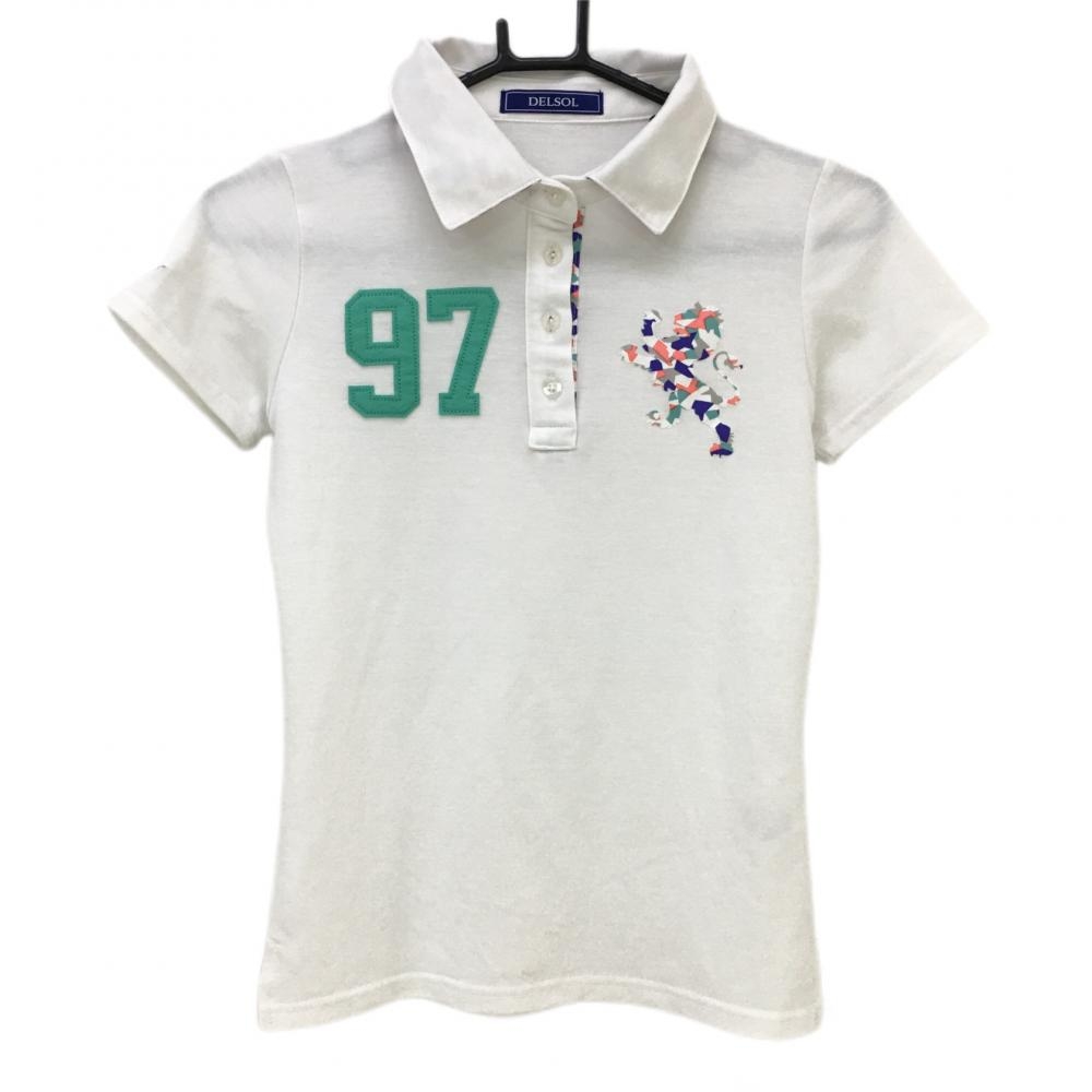 デルソル 半袖ポロシャツ 白×ライトグリーン ロゴプリント 襟裏柄  レディース M ゴルフウェア DELSOL